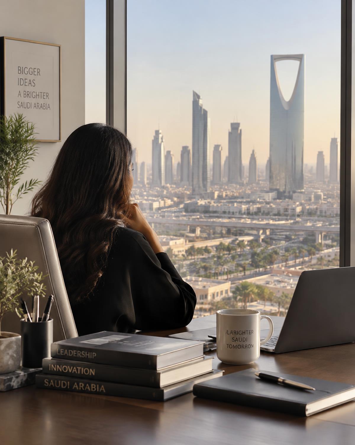 Shaheena Rasool at a desk looking out over the Riyadh skyline