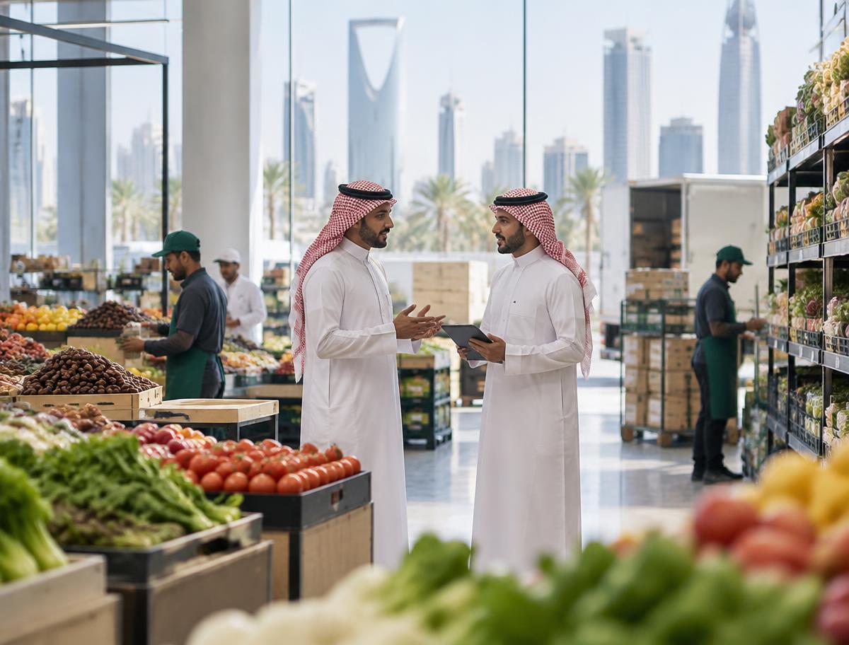 Food-sector business discussion in a Riyadh retail setting